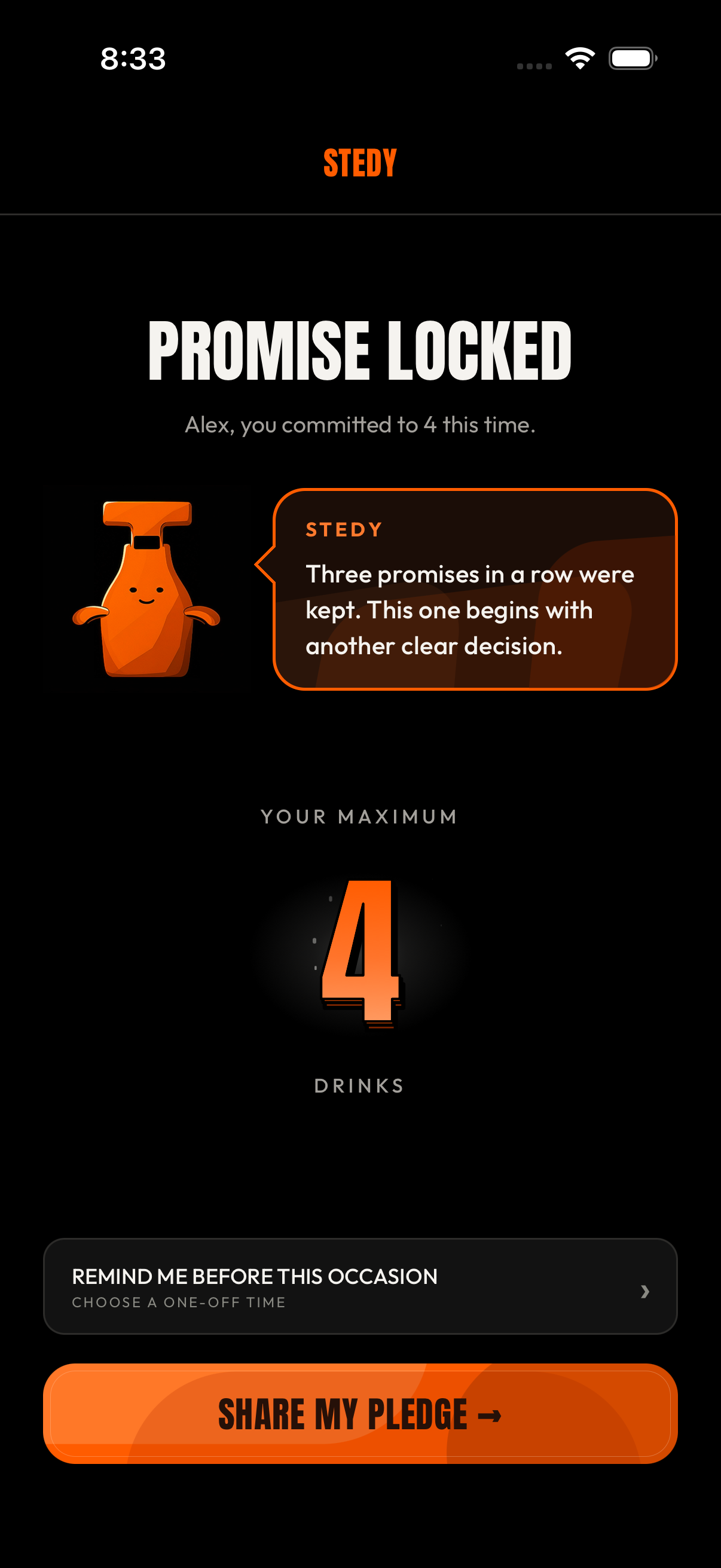 Stedy promise locked screen showing a four drink maximum