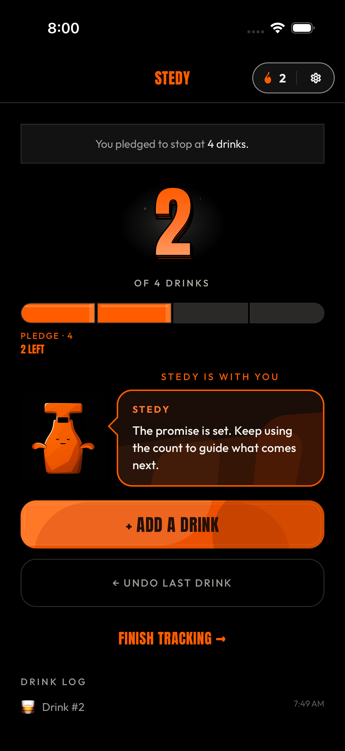 Stedy tracking screen showing two of four drinks